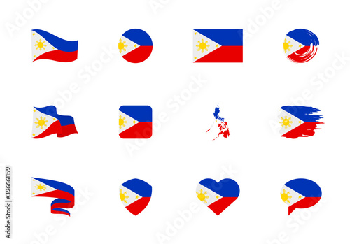 Philippines flag - flat collection. Flags of different shaped twelve flat icons.