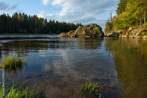 Russia. mountain Altai. Stony Bank of the Biya river near the source of lake Teletskoye.