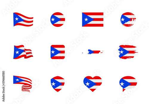 Puerto Rico flag - flat collection. Flags of different shaped twelve flat icons.