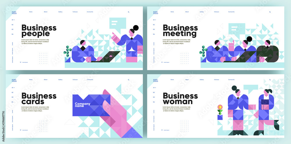 Set of vector illustrations. Business people, visiting card, meeting and dialogue of business women.Slide presentation, web page, cover. Business illustration in modern style, mosaic, vector polygons.