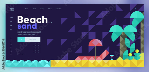 Vector illustration. Presentation slide. Beach sand, beach chair drink and palms.Business illustration in modern style, mosaic, vector polygons.