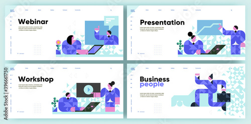 Set of vector illustrations. Slide presentation, web page, cover. Webinar, Presentation, Workshop and Businessmen. Business illustration in modern style, mosaic, vector polygons.