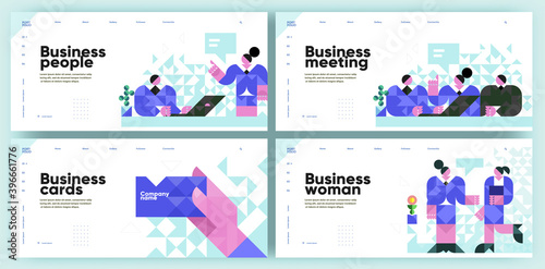 Set of vector illustrations. Business people, visiting card, meeting and dialogue of business women.Slide presentation, web page, cover. Business illustration in modern style, mosaic, vector polygons.