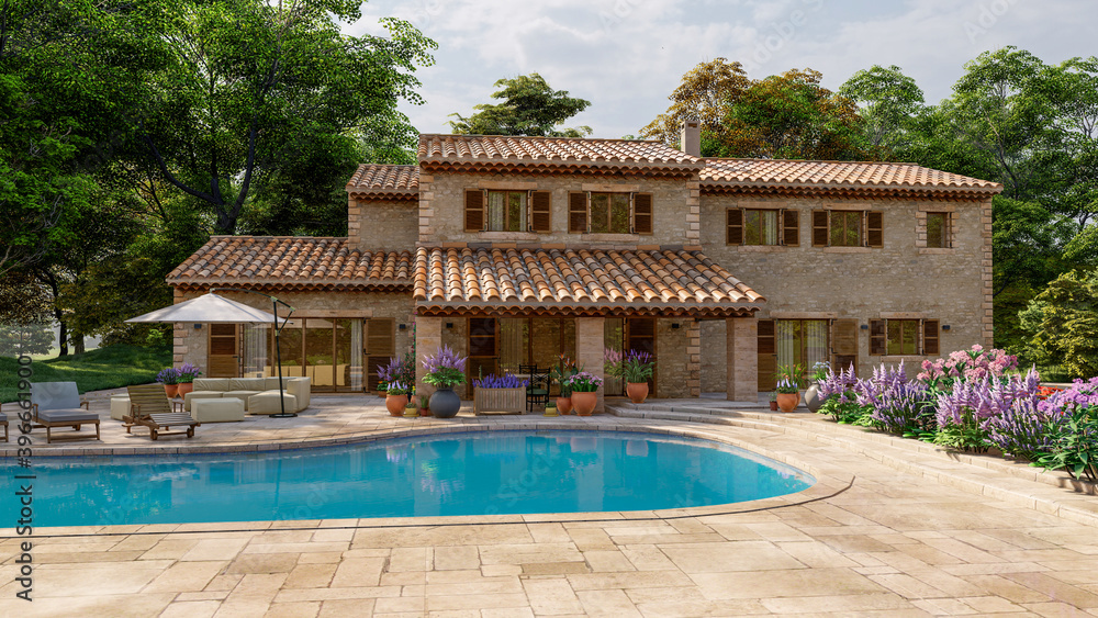 Mediterranean style villa with pool and garden - obrazy, fototapety, plakaty 