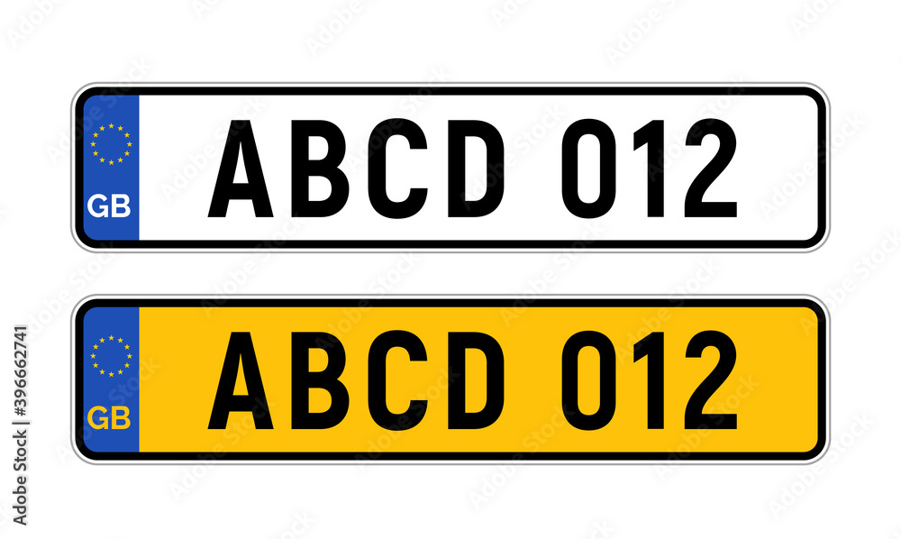 British uk car license plate template. GB car registration numberplate sign design