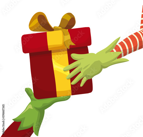 Santa's Helpers Hand Delivering a Gift Box, Vector Illustration