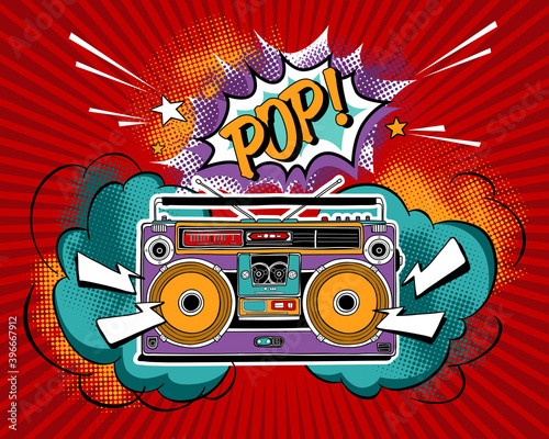 Vintage bright Recording equipment. Portable boombox, radio, player recorder in a Pop Art style. Poster, card, t-shirt composition, hand drawn style print. Vector illustration.