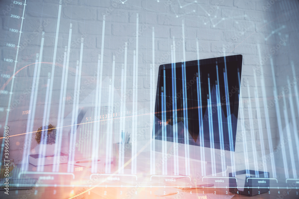 Double exposure of stock market graph drawing and office interior background. Concept of financial analysis.