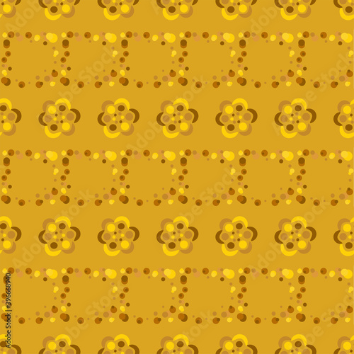 Fortuna gold geometric pattern of small and large circles and bubbles. Fortuna gold background with yellow, brown flower