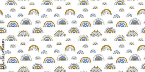 Seamless pattern of elegant abstract rainbows in blue, golden yellow and gray colors on a white background. Trendy endless texture for printing on fabric, clothing, wallpaper, textile. Vector.