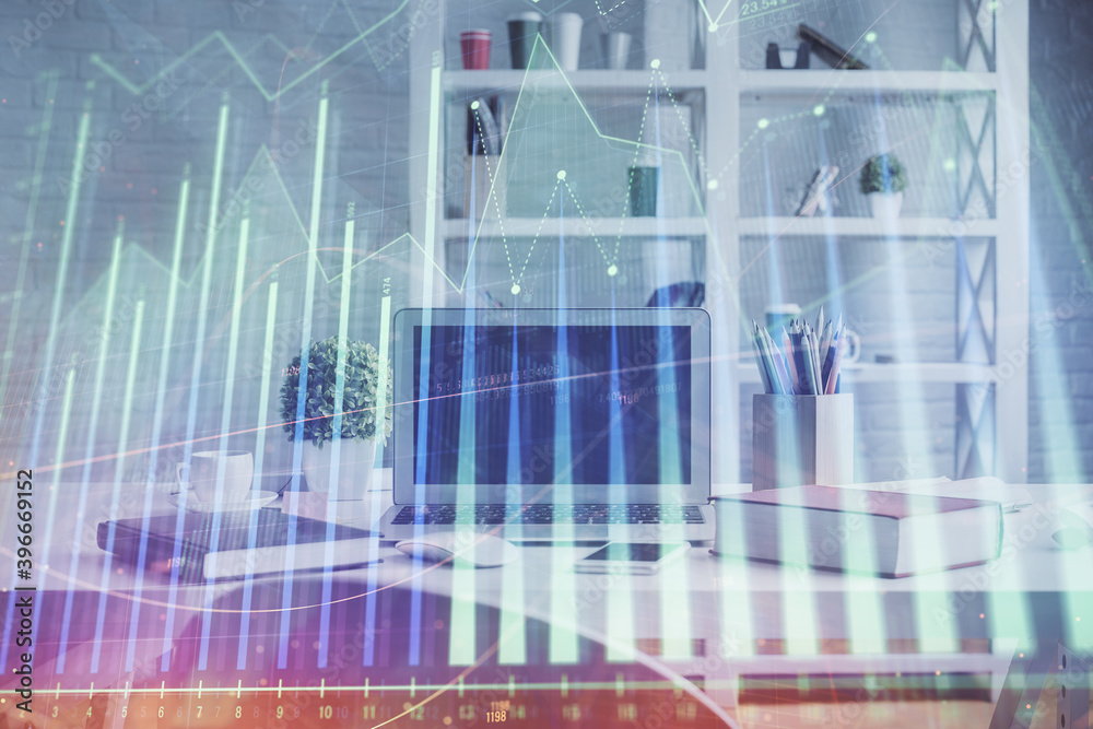 Obraz premium Double exposure of financial graph drawing and office interior background. Concept of stock market.