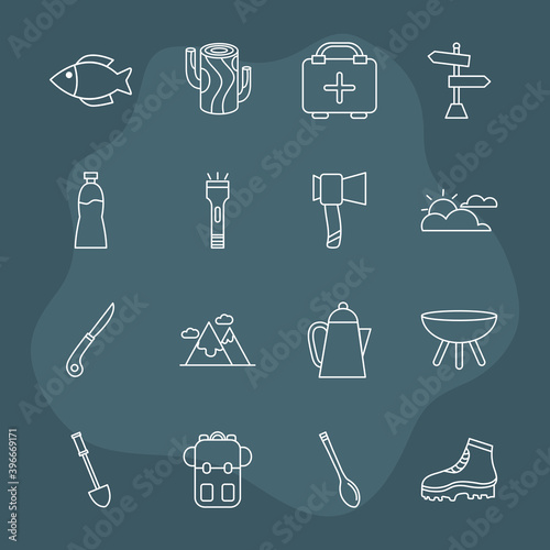 bundle of sixteen camping set icons vector illustration design