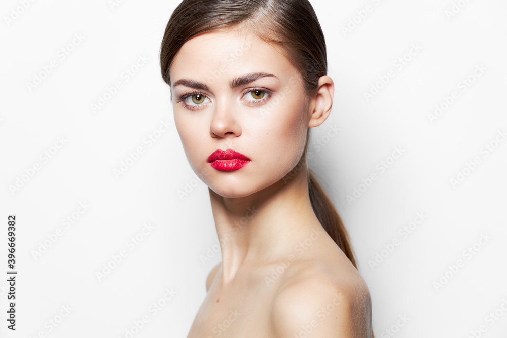 Brunette Red lips nude shoulders attractive look bright makeup