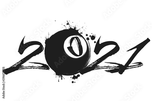 Abstract numbers 2021 and billiard ball made of blots in grunge style. 2021 New Year on an isolated background. Design pattern. Vector illustration
