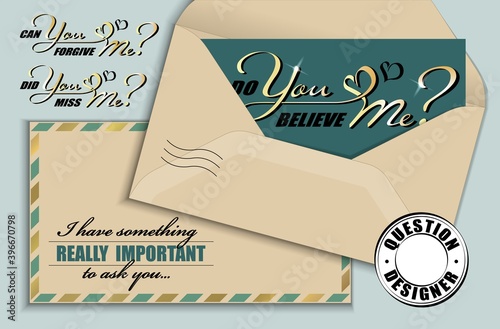 Hand drawn calligraphy lettering with copy space card and vintage envelope. Vector mockup constructor of questions. Do you believe me. Can you forgive me. Did you miss me