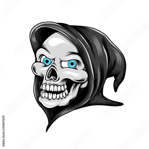 The grim reaper head skull with his blue eyes and using the black costume