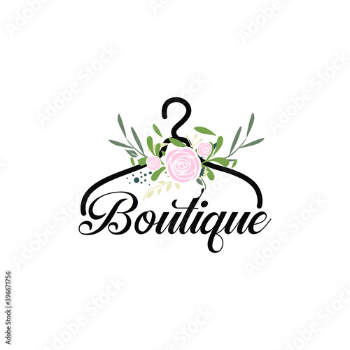 Coat hanger concept with flowers for a boutique logo template.