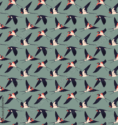 Seamless wallpaper pattern. Flying Swallow birds. Different poses. Textile composition  hand drawn style print. Vector illustration.