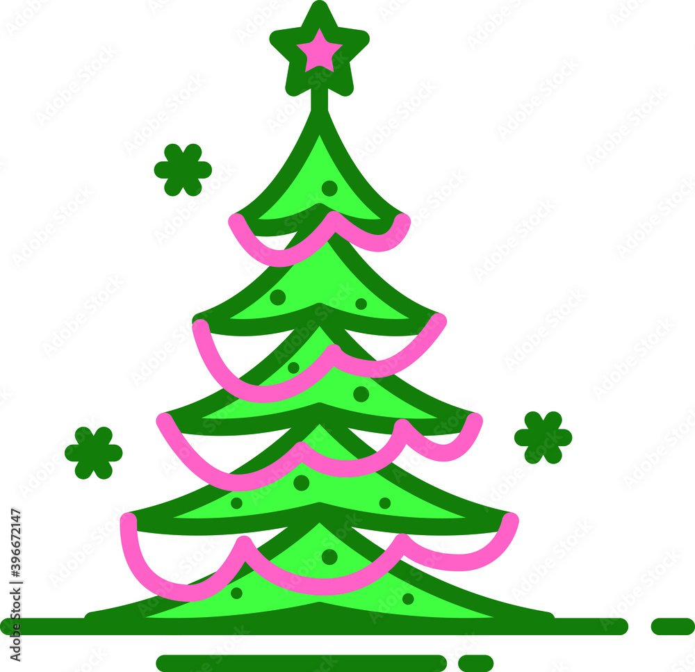 Simple cartoon hand drawn vector Christmas tree with ornaments