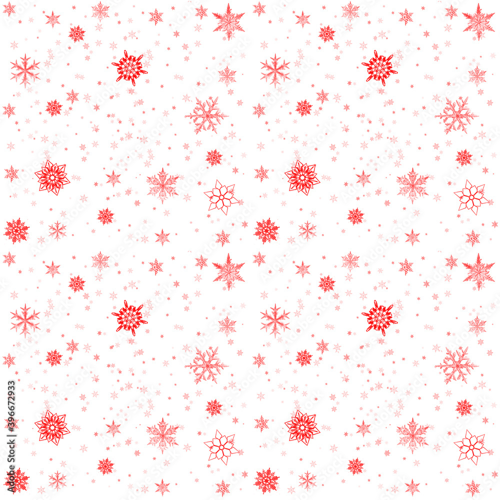 Snow background. Christmas snowfall with red snowflakes on white background. Winter concept with falling snow. Holiday texture and red snowflakes.