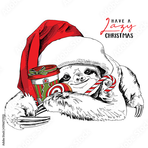 Adorable smiling slothin a red Santa's hat and with a coffee cup, cookie, lollipop. Christmas and New year card, Humor composition, hand drawn style print. Vector illustration.