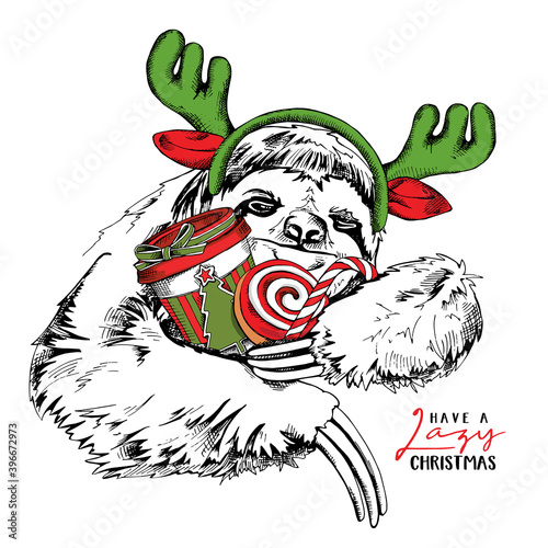 Adorable smiling sloth in a Moose antler headband and with a coffee cup, cookie, lollipop. Christmas and New year card, Humor composition, hand drawn style print. Vector illustration.