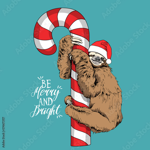 Cute brown sloth in a red Santa's hat on a big lollipop. Be merry and bright - lettering quote. Christmas and New year card, Humor composition, hand drawn style print. Vector illustration.