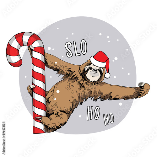 Cute brown sloth in a red Santa's hat on a big lollipop. Slo Ho Ho - lettering quote. Christmas and New year card, Humor composition, hand drawn style print. Vector illustration.