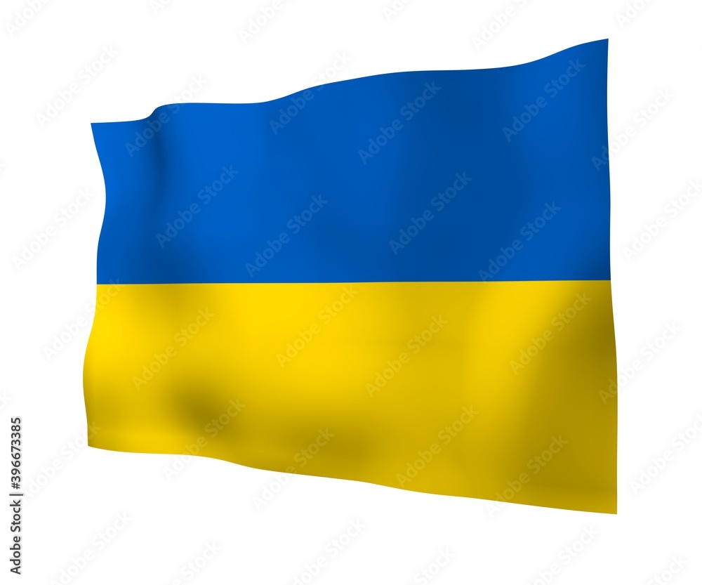 Obraz premium The flag of Ukraine on a white background. National flag and state ensign. Blue and yellow bicolour. 3D illustration waving flag