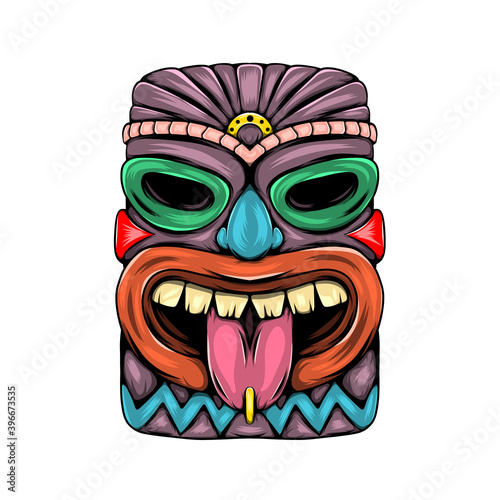 The statue characteristic of tiki island with the tongue out and purple colour
