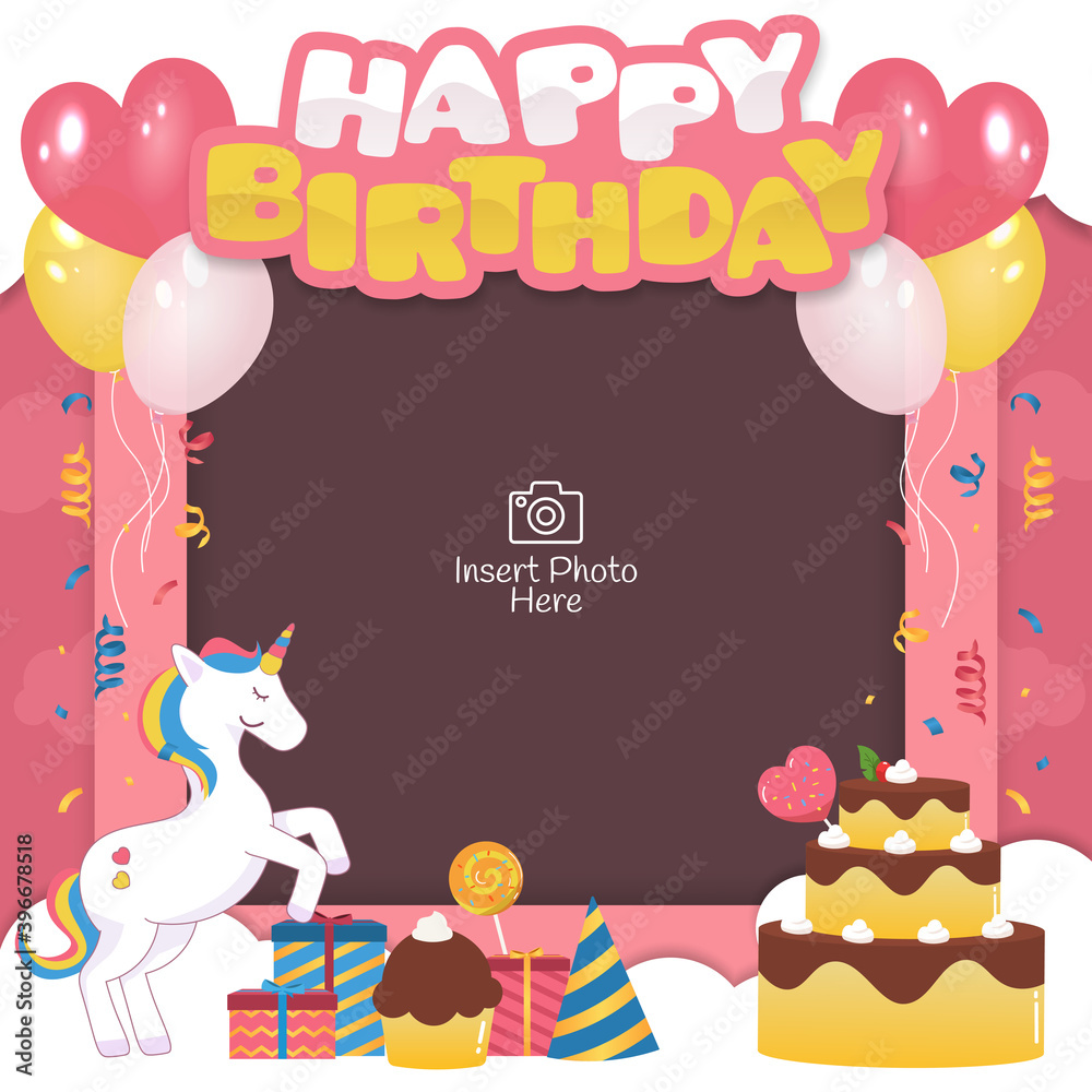 Happy birthday frame with unicorn character and cakes illustration ...