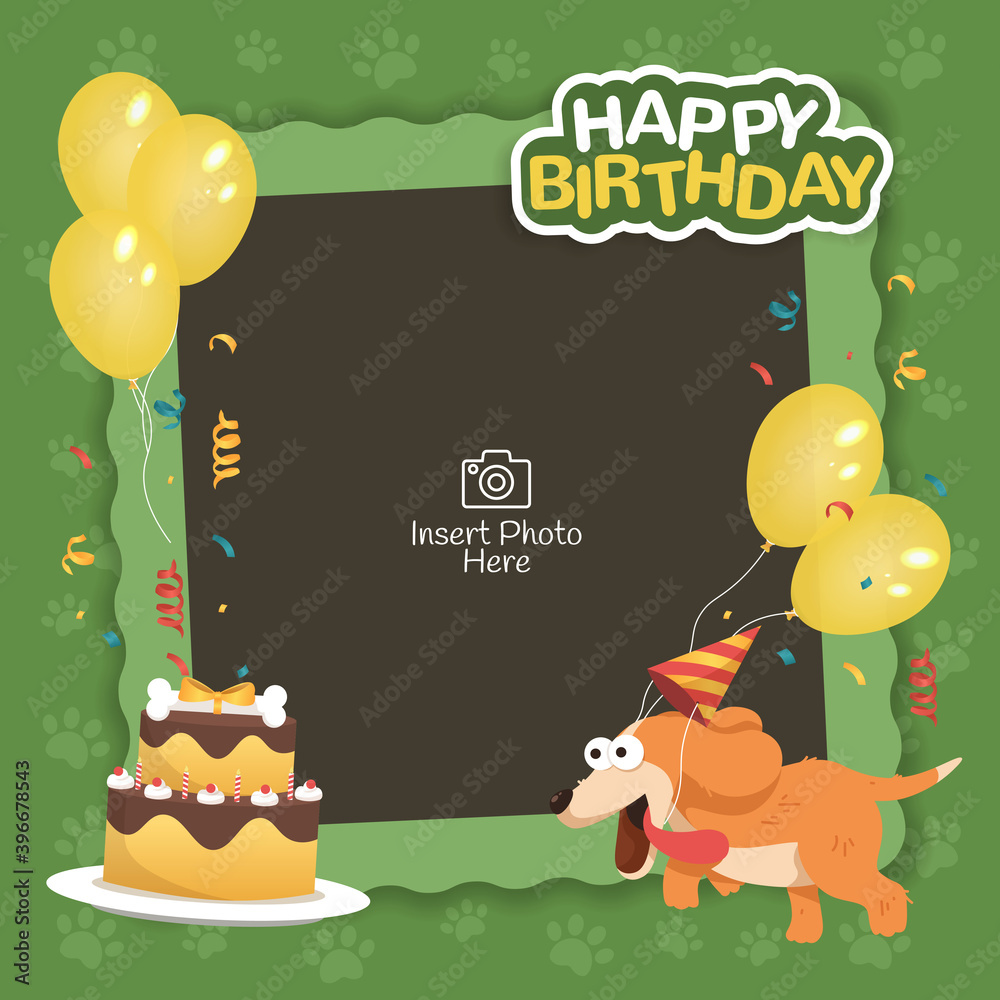Happy birthday frame with dog and birthday cake illustration Stock Vector |  Adobe Stock