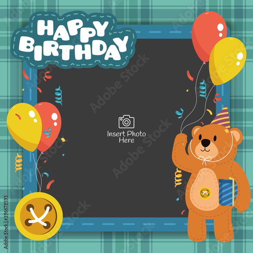 Canvas Print Happy birthday frame with cute bear character holding balloons illustration