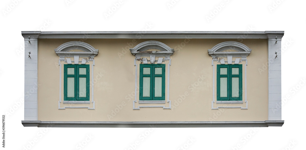 Part of Thailand old town house exterior wall and windows isolated on white