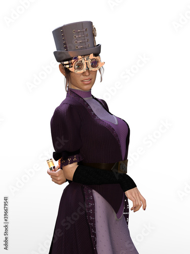 3D Photo of a Young Woman in a Steampunk Outfit Isolated on White