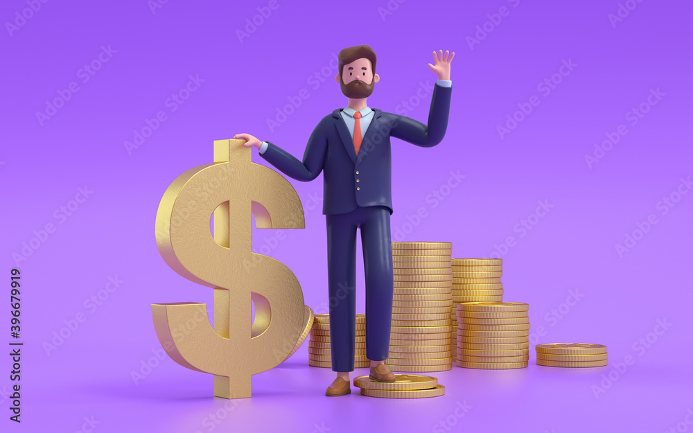 A man standing with money. Earning, saving and investing money concept.  3d rendering,conceptual image