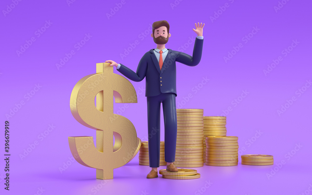 A man standing with money. Earning, saving and investing money concept. 3d rendering,conceptual image A man standing with money. Earning, saving and investing money concept. 3d rendering,conceptual image