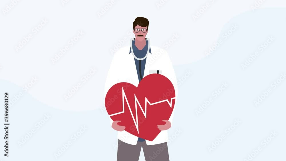 Male doctor animation holding a heart symbol while looking at the camera. Shot in 4k resolution