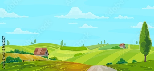 Farm on nature rural vector background with green field, houses or barns under blue cloudy sky. Farming, cartoon countryside farmland tranquil summer time landscape with meadow, trees and fence