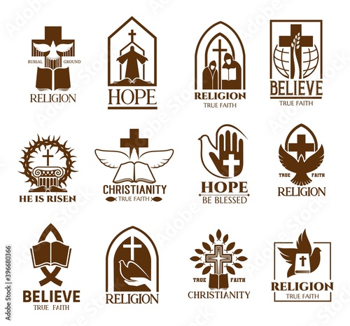 Christian church parish or community icons set. Religion school and bible learning lectures, religious commune symbol or emblem with white dove, crown of thorns and crucifixion, monks outline vectors