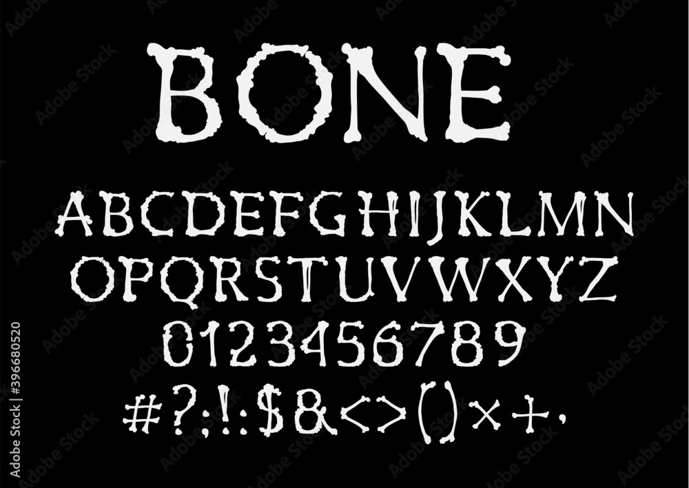 Bones font, halloween vector type, uppercase alphabet letters, digits and symbols. Skeleton pirate style spooky typeface, numbers and signs. Capital english bone cartoon font scary characters set