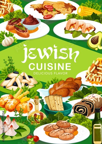 Jewish cuisine dishes vector banner. Matzah, challah bread and poppy seed roll, potato latkes, liver pate and chicken breasts, coconut pyramids, hamantash and zemelah, fish balls, black radish salad