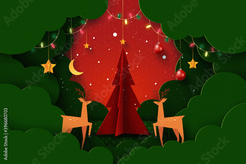 Merry Christmas and Happy New Year.Winter season landscape.Decorated with christmas tree,deers,lights and stars.
