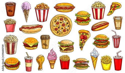 Sketch fast food meals isolated vector icons coffee, cola and popcorn with hot dog. Pizza, cheeseburger and ice cream in waffle cone, chicken leg, french fries and cola beverage vintage engraved signs