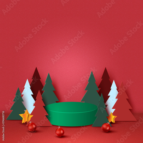 Merry Christmas and Happy new year concept.Green podium decorated with christmas tree,christmas ball and stars on red background.