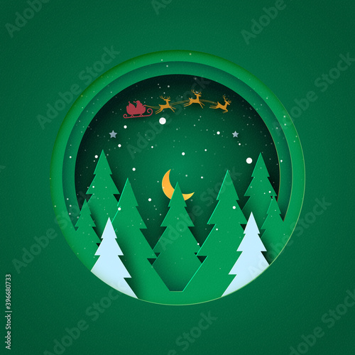 Merry Christmas and Happy new year concept.Winter landscape in green circle decorated with christmas tree,stars and santa claus.