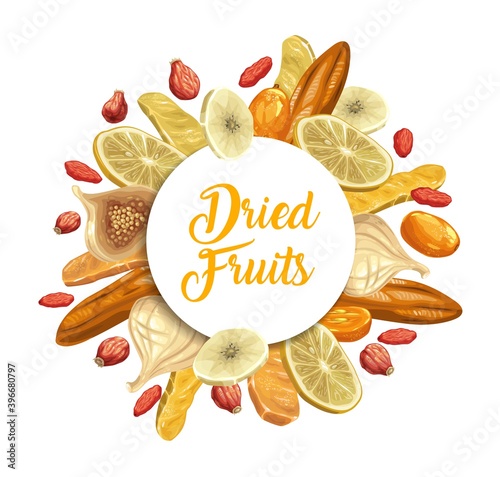 Dried tropical fruits round banner. Lemon slice, mango and dogwood, dry kumquat, fig and full and sliced on ring banana, rosehip hand drawn vector. Dried fruits dessert shop poster or frame