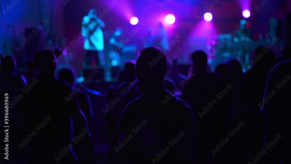 Live performance in a nightclub with fans and stars. Concept of entertainment and background. People raising their hands and singing songs. Silhouette of a girl dancing at a rock band concert. Live performance in a nightclub with fans and stars. Concept of entertainment and background. People raising their hands and singing songs. Silhouette of a girl dancing at a rock band concert.