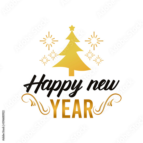 happy new year lettering card with golden snowflakes and christmas tree