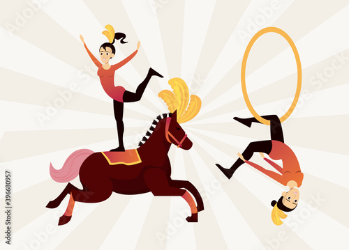 circus women artists characters hanging in ring and horse photo